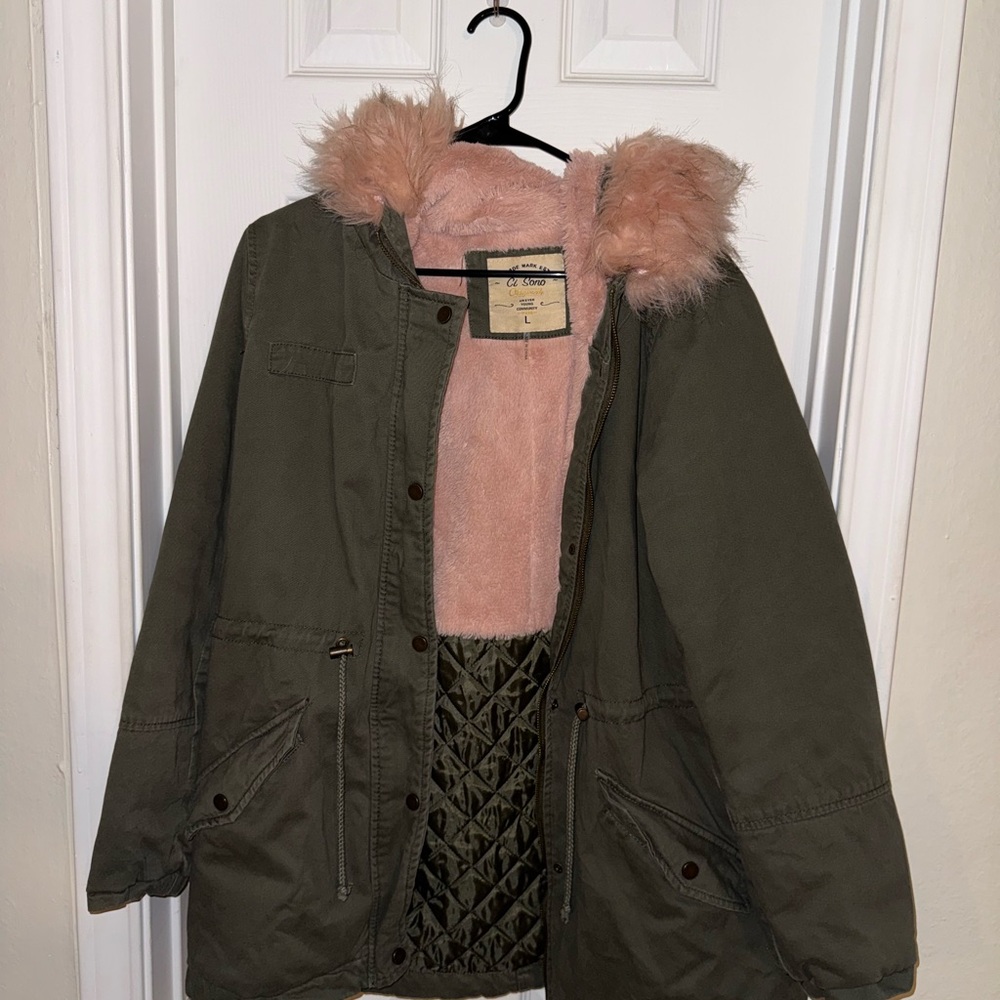 Ci Sono Olive Utility Jacket with Pink Faux Fur